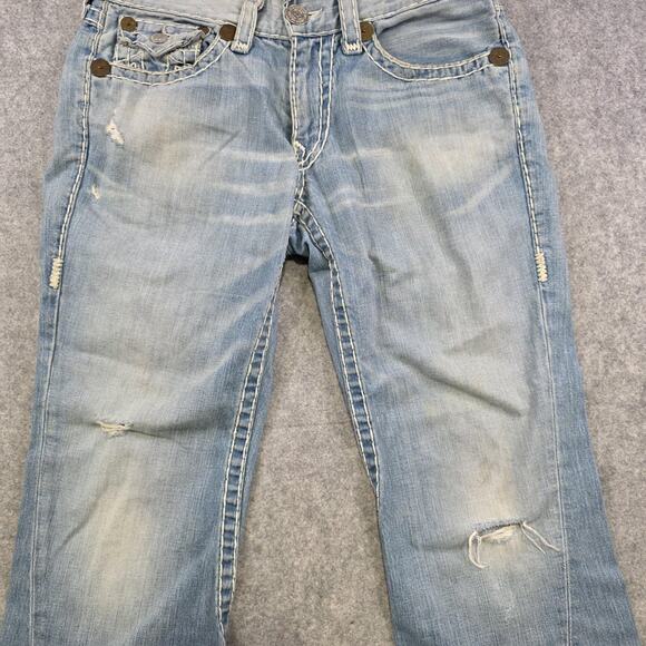 True Religion Jeans Men 33 Light Wash Joey Super T Bootcut Distress Thick Stitch - Picture 4 of 16